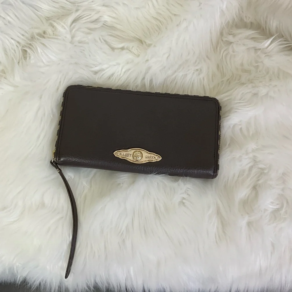 Elliott Lucca Brown Pebbled 100% Cow Leather Channeling Zipper Wristlet Wallet